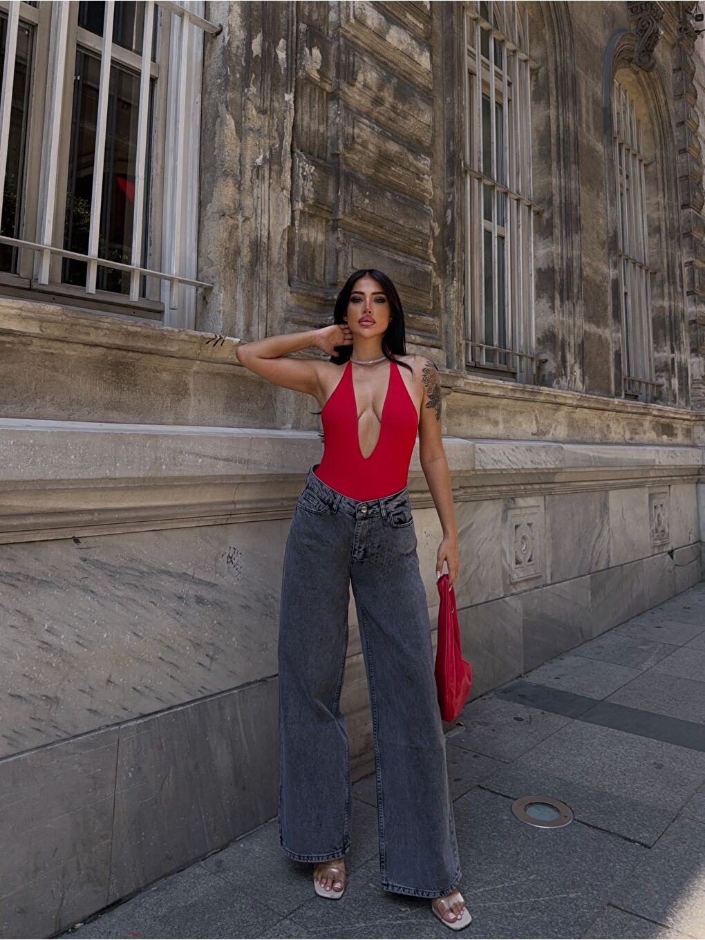 Paça Bol Antrasit Yüksek Bel Jean-4