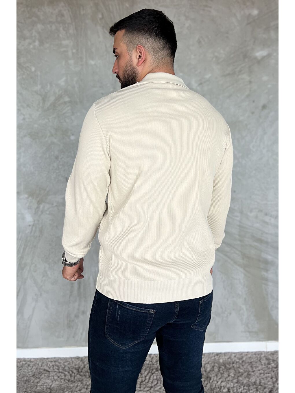 Bej Erkek Polo Yaka Çizgi Desenli Yarım Fermuarlı Triko Kazak-2