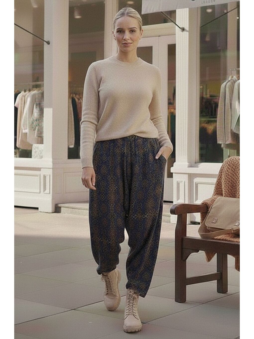 Lacivert-Yeşil Etnik Desenli Allover Baskılı Lastikli Bel Şalvar Paça Dokuma Şalvar Pantolon 105 60-1