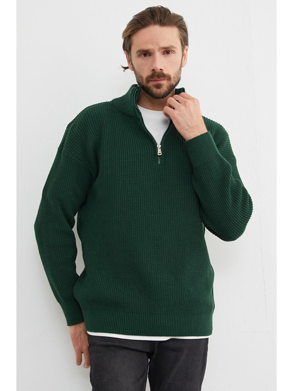 Yeşil Yarım Fermuarlı Dik Yaka Kazak