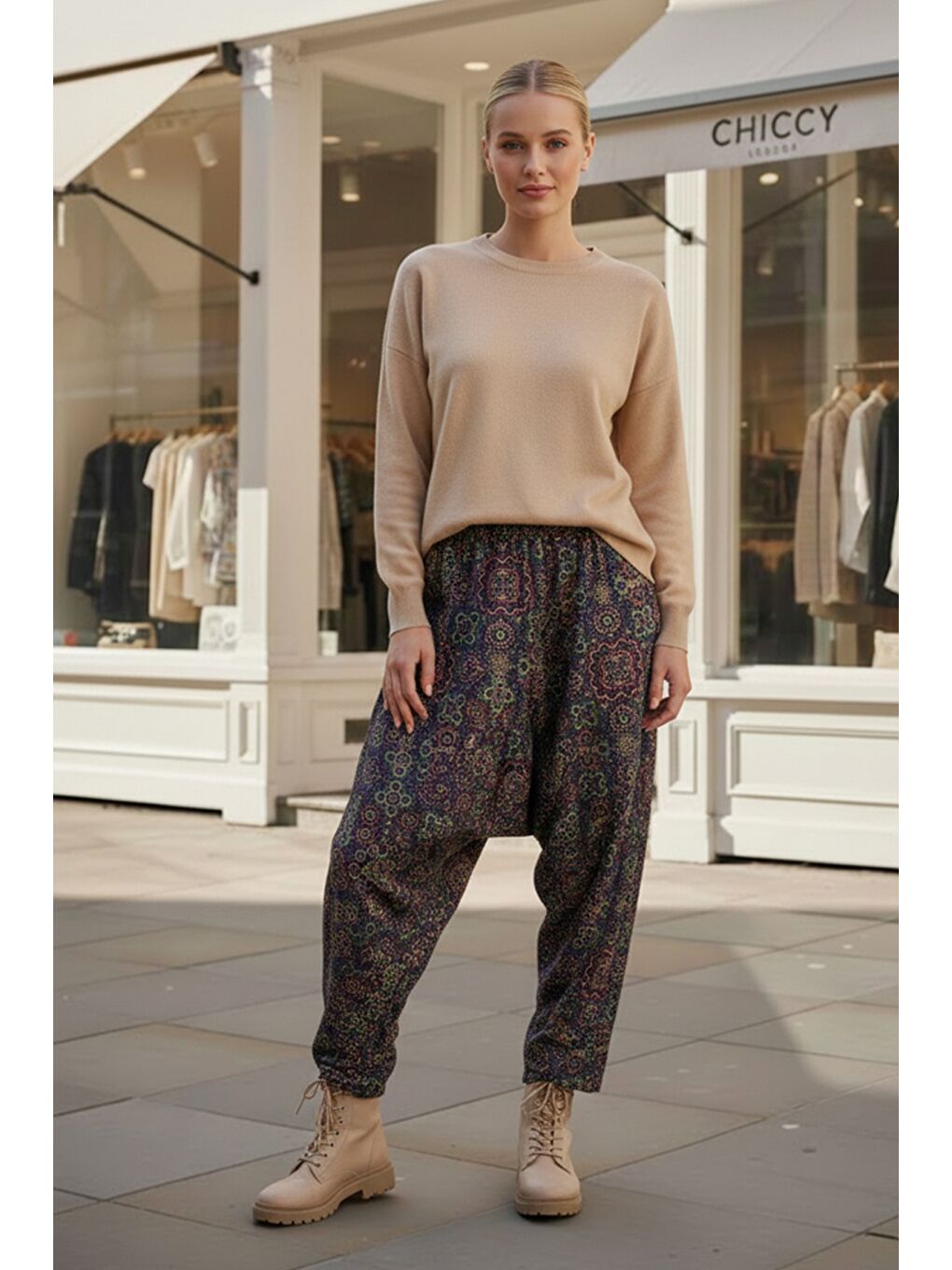 Lacivert-Yeşil Etnik Desenli Allover Baskılı Lastikli Bel Şalvar Paça Dokuma Şalvar Pantolon 105 60-2