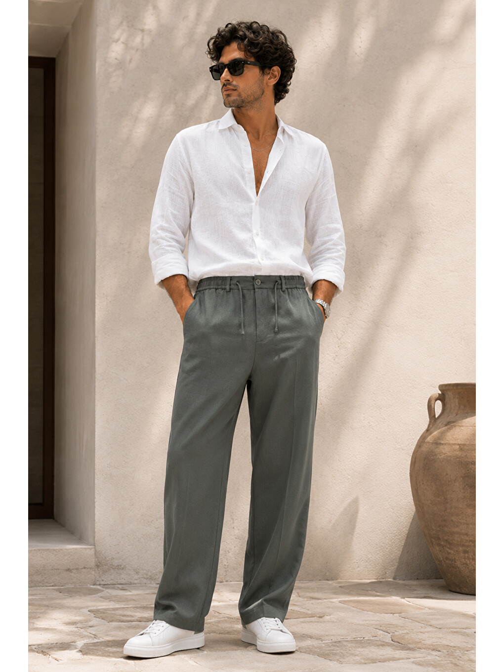 Erkek Haki Relax Fit Bağcıklı Baggy Pantolon-7