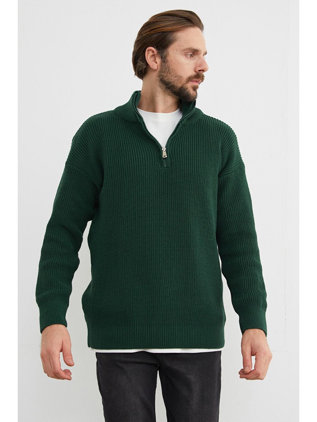 Yeşil Yarım Fermuarlı Dik Yaka Kazak-2