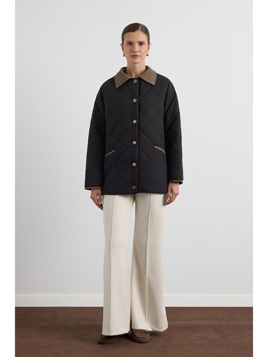 Kadife Yakalı Kapitone Ceket Mont Siyah-1