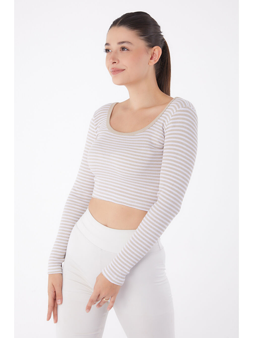 Çizgili Crop Bej - 26119-1
