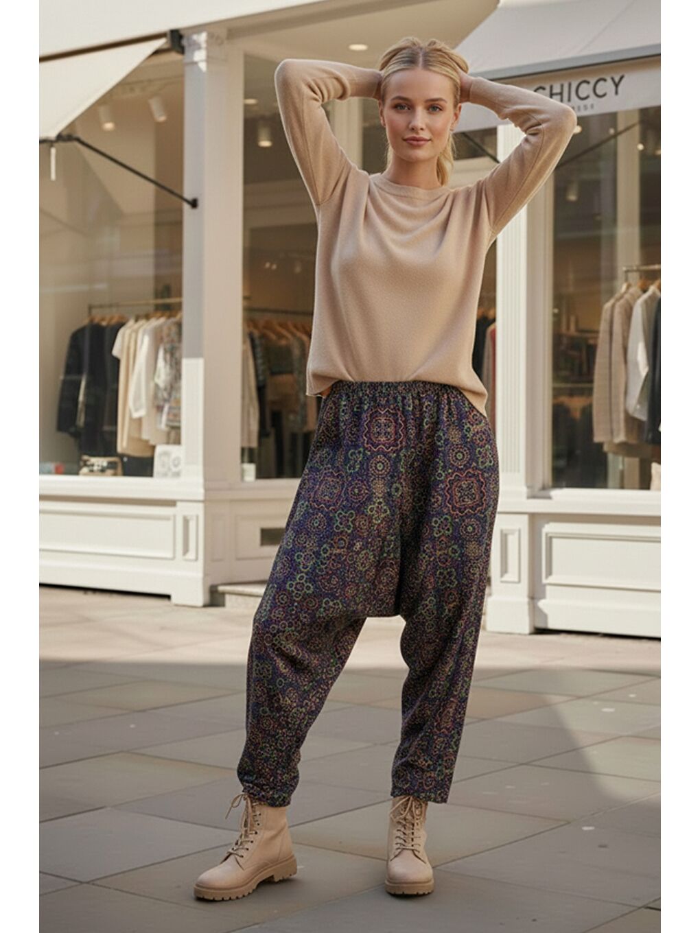 Lacivert-Yeşil Etnik Desenli Allover Baskılı Lastikli Bel Şalvar Paça Dokuma Şalvar Pantolon 105 60-4