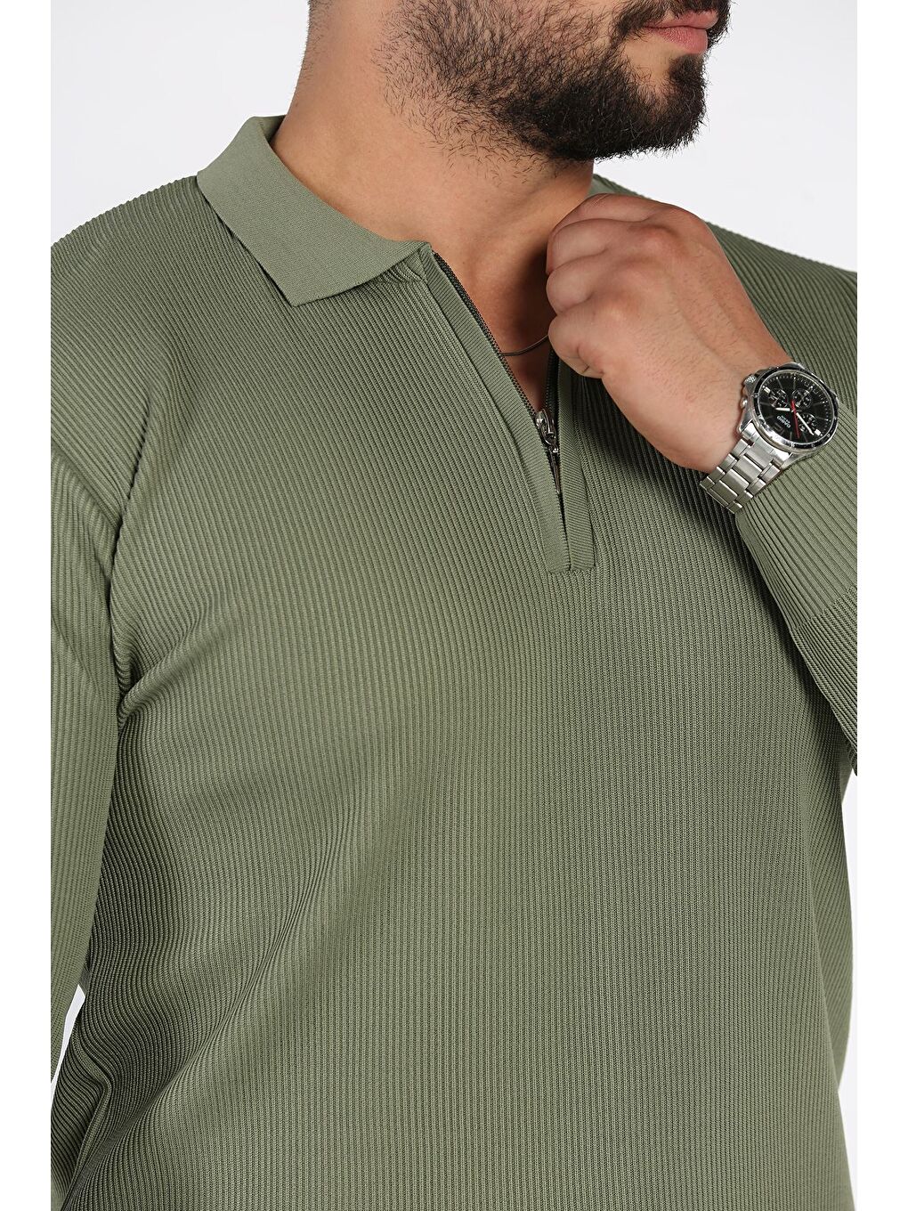 Haki Erkek Polo Yaka Çizgi Desenli Yarım Fermuarlı Triko Kazak-3