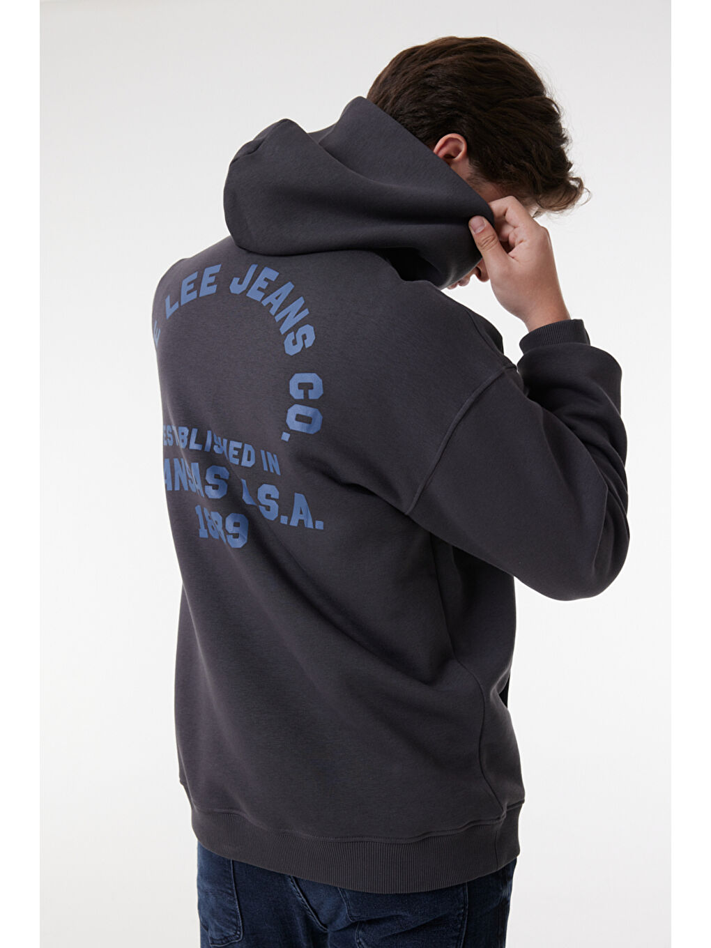 Siyah Relaxed Fit Geniş Kesim Kapüşonlu İçi Polarlı Sırt Baskılı Antrasit Sweatshirt-5