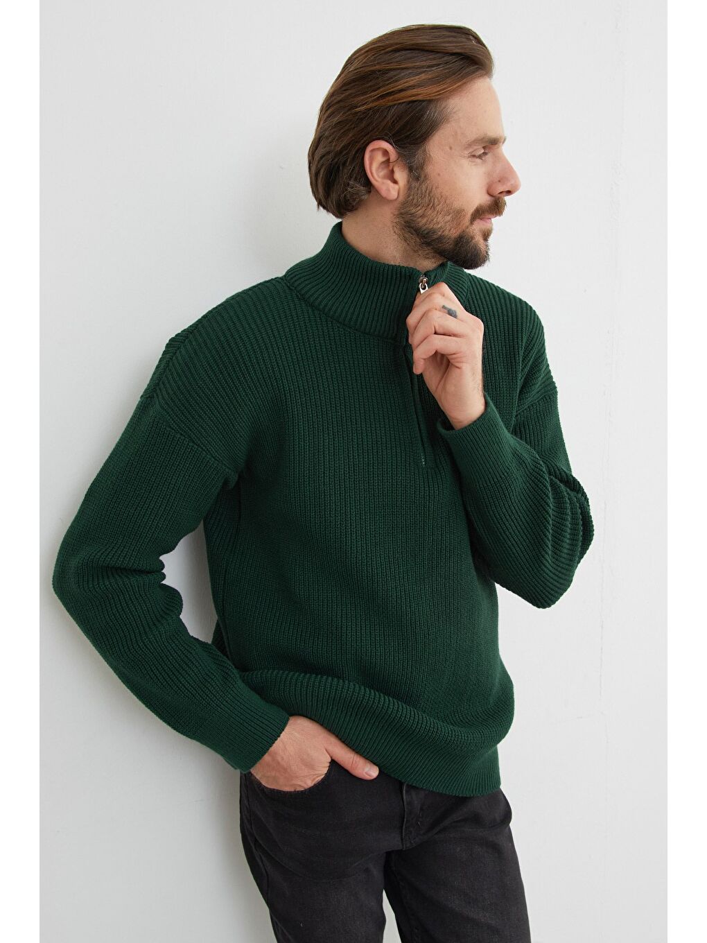 Yeşil Yarım Fermuarlı Dik Yaka Kazak-4