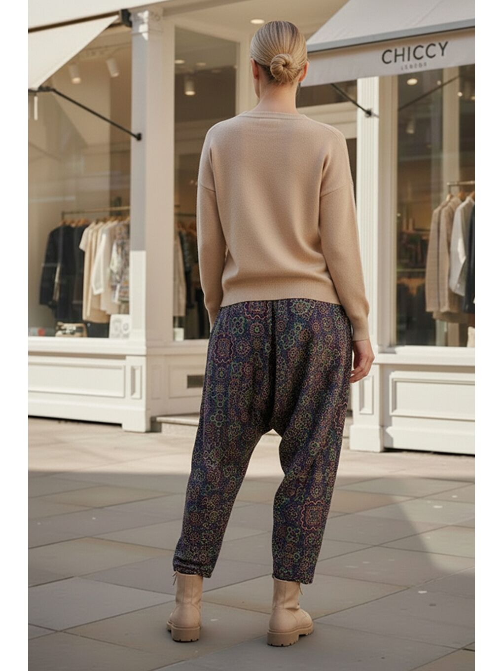 Lacivert-Yeşil Etnik Desenli Allover Baskılı Lastikli Bel Şalvar Paça Dokuma Şalvar Pantolon 105 60-5