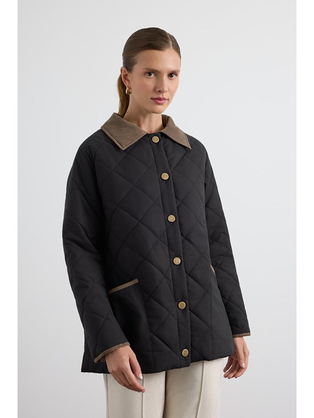 Kadife Yakalı Kapitone Ceket Mont Siyah-2