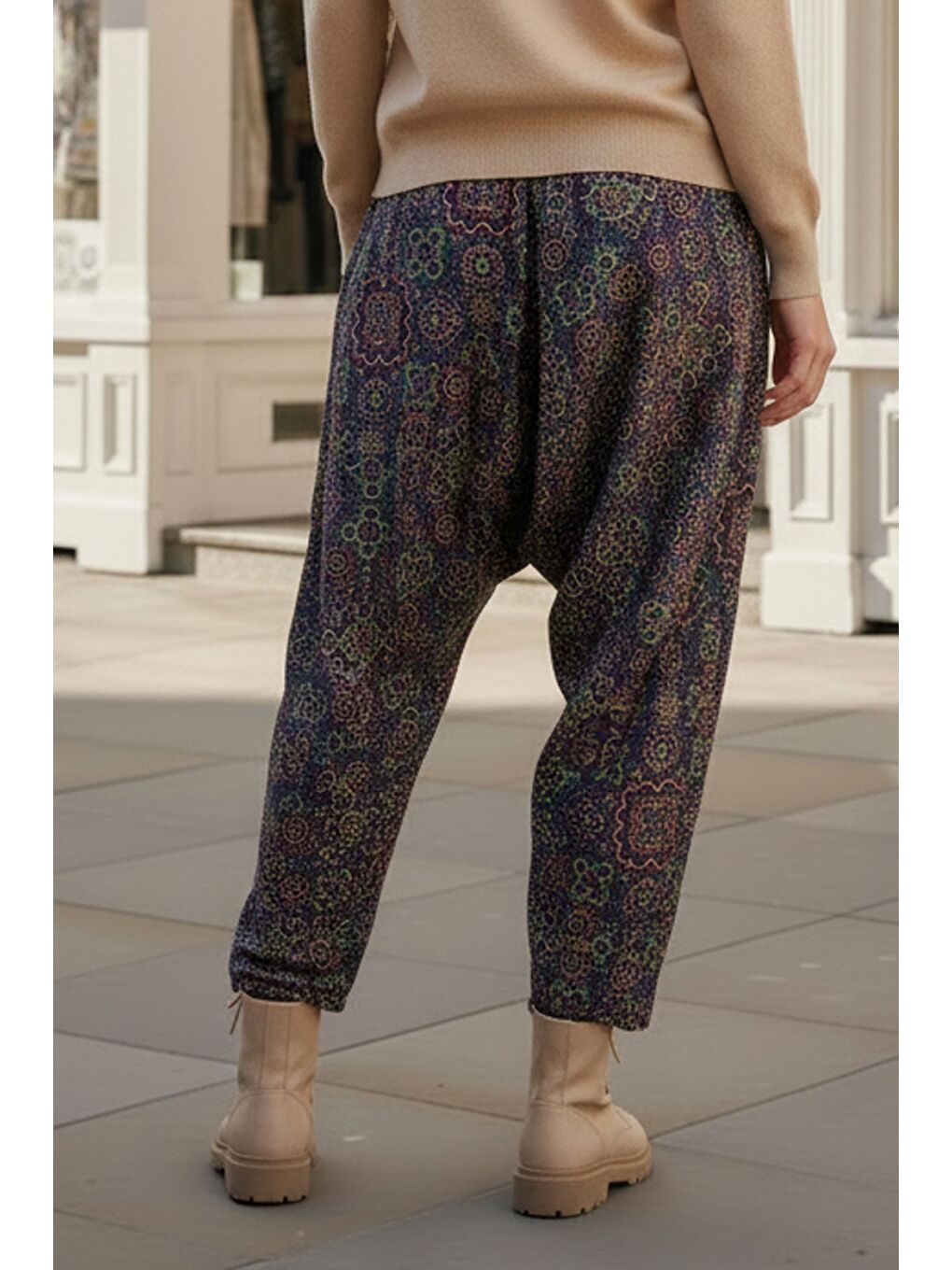 Lacivert-Yeşil Etnik Desenli Allover Baskılı Lastikli Bel Şalvar Paça Dokuma Şalvar Pantolon 105 60-6