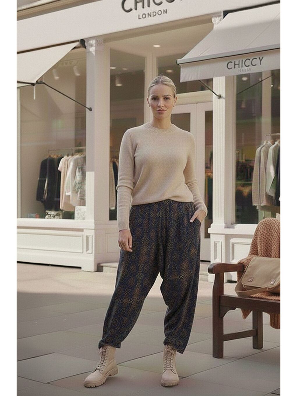 Lacivert-Yeşil Etnik Desenli Allover Baskılı Lastikli Bel Şalvar Paça Dokuma Şalvar Pantolon 105 60-7