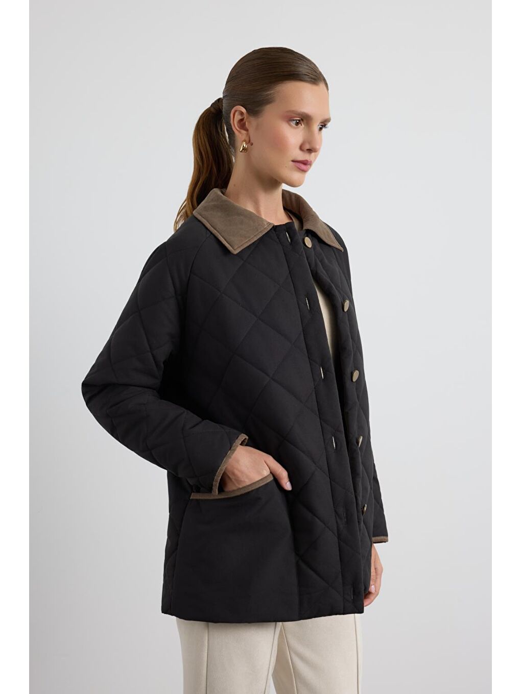 Kadife Yakalı Kapitone Ceket Mont Siyah-3