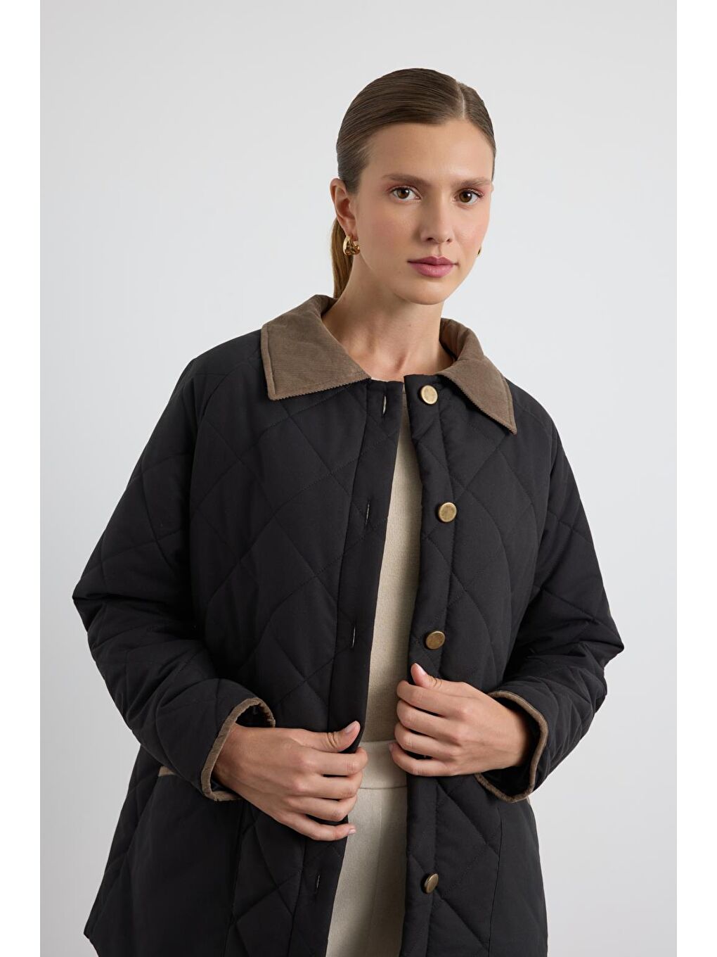 Kadife Yakalı Kapitone Ceket Mont Siyah-4