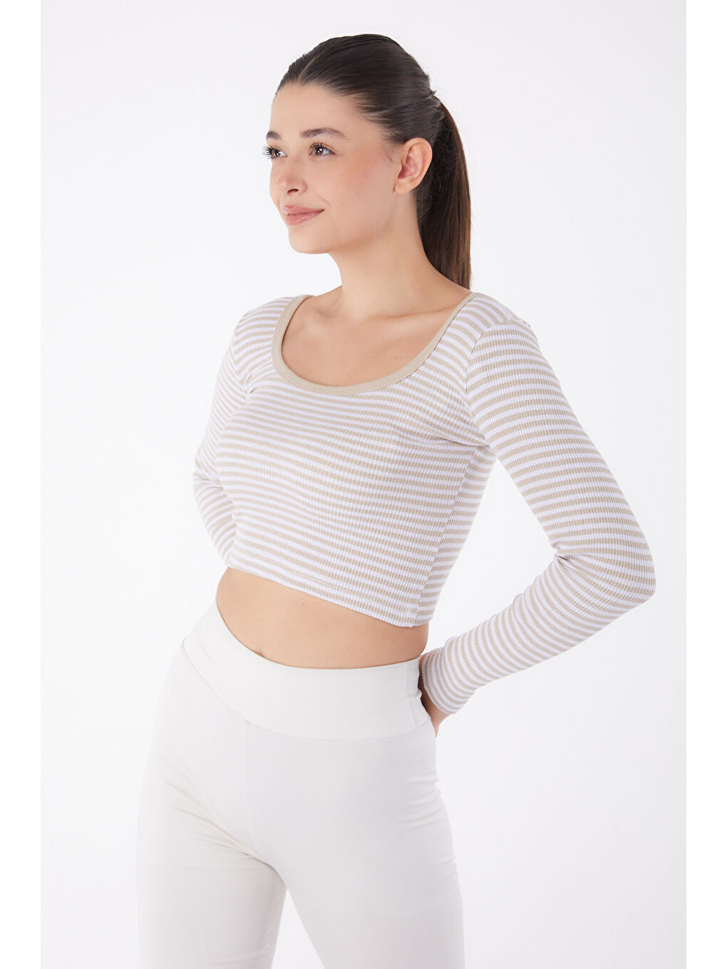 Çizgili Crop Bej - 26119-2