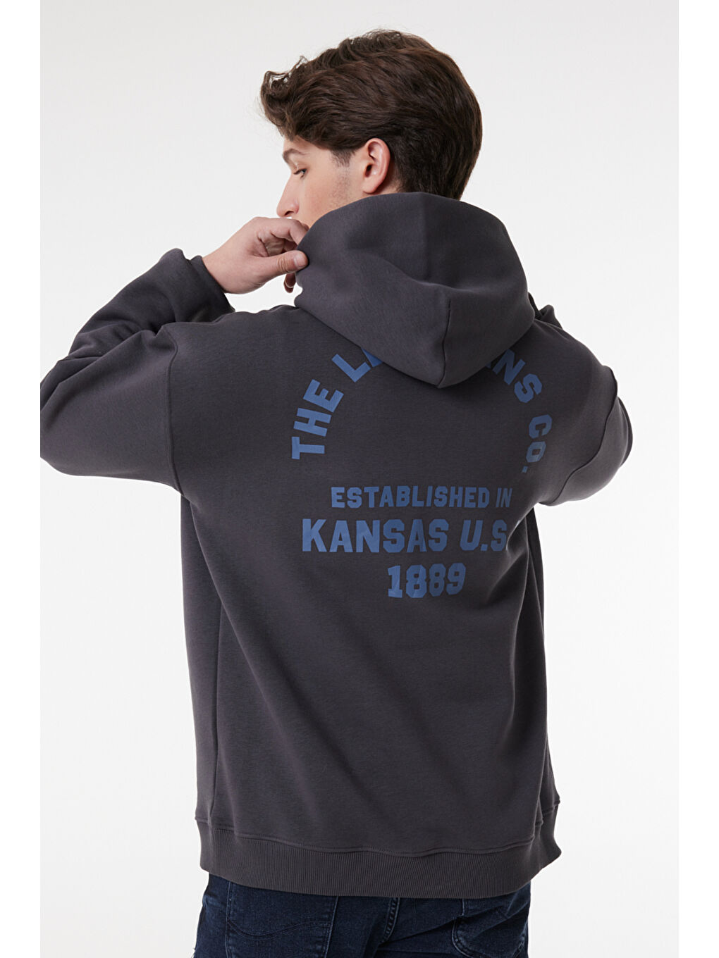 Siyah Relaxed Fit Geniş Kesim Kapüşonlu İçi Polarlı Sırt Baskılı Antrasit Sweatshirt-6