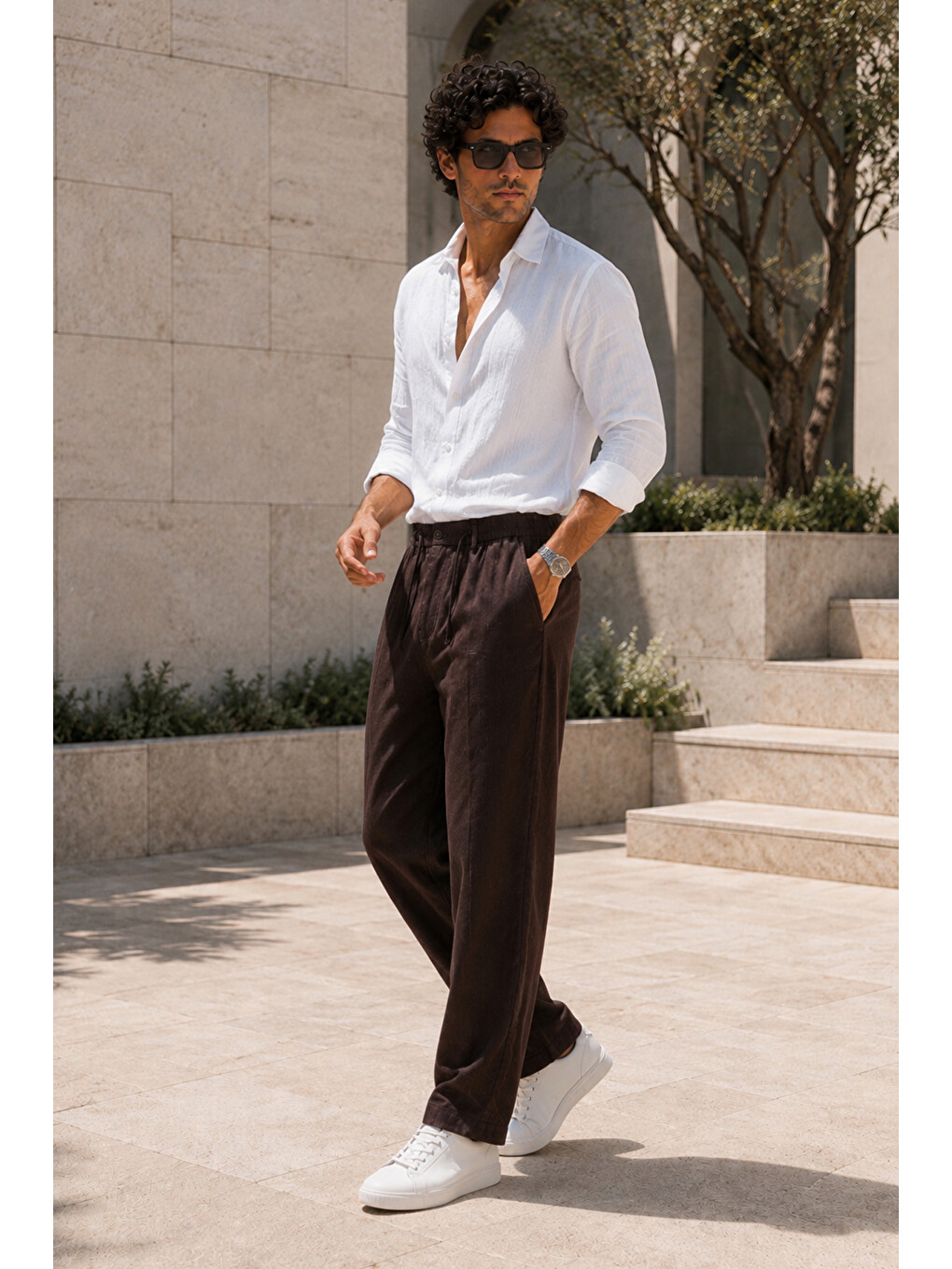 Erkek Acı Kahverengi Relax Fit Bağcıklı Baggy Pantolon