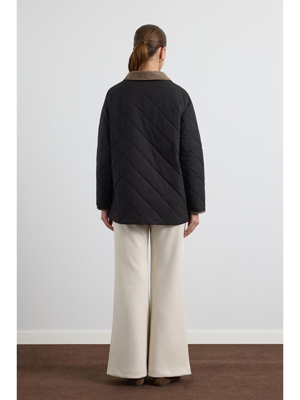 Kadife Yakalı Kapitone Ceket Mont Siyah-5