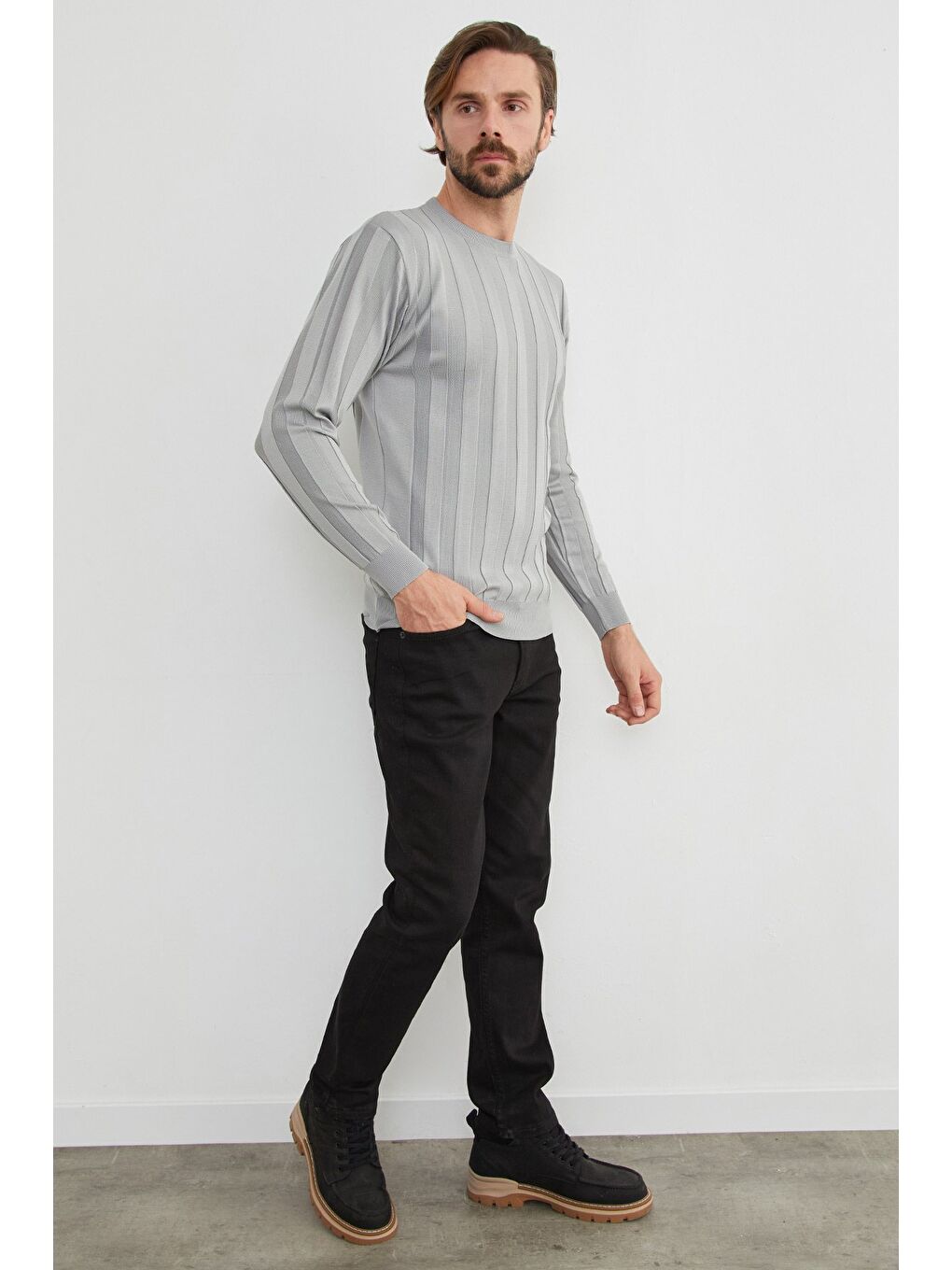 Gri Şeritli Bisiklet Yaka İnce Triko Kazak-1