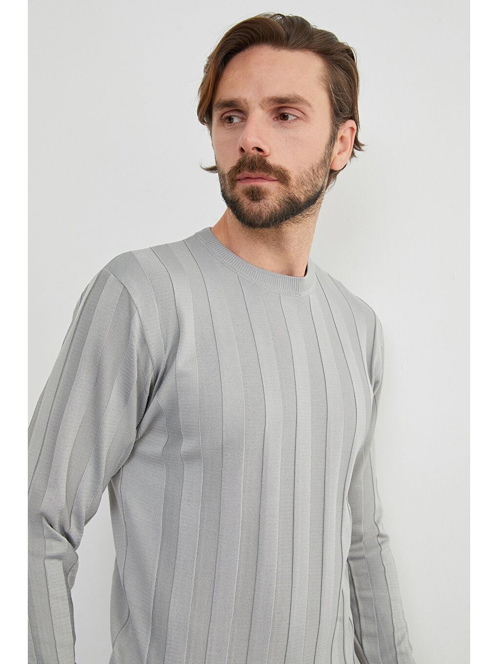 Gri Şeritli Bisiklet Yaka İnce Triko Kazak-2