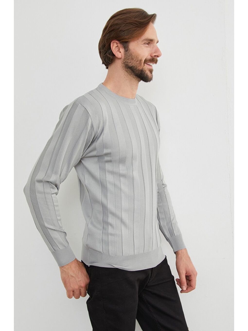Gri Şeritli Bisiklet Yaka İnce Triko Kazak-3