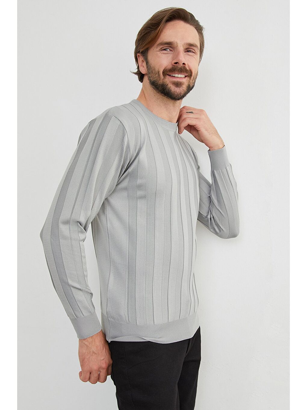 Gri Şeritli Bisiklet Yaka İnce Triko Kazak-4