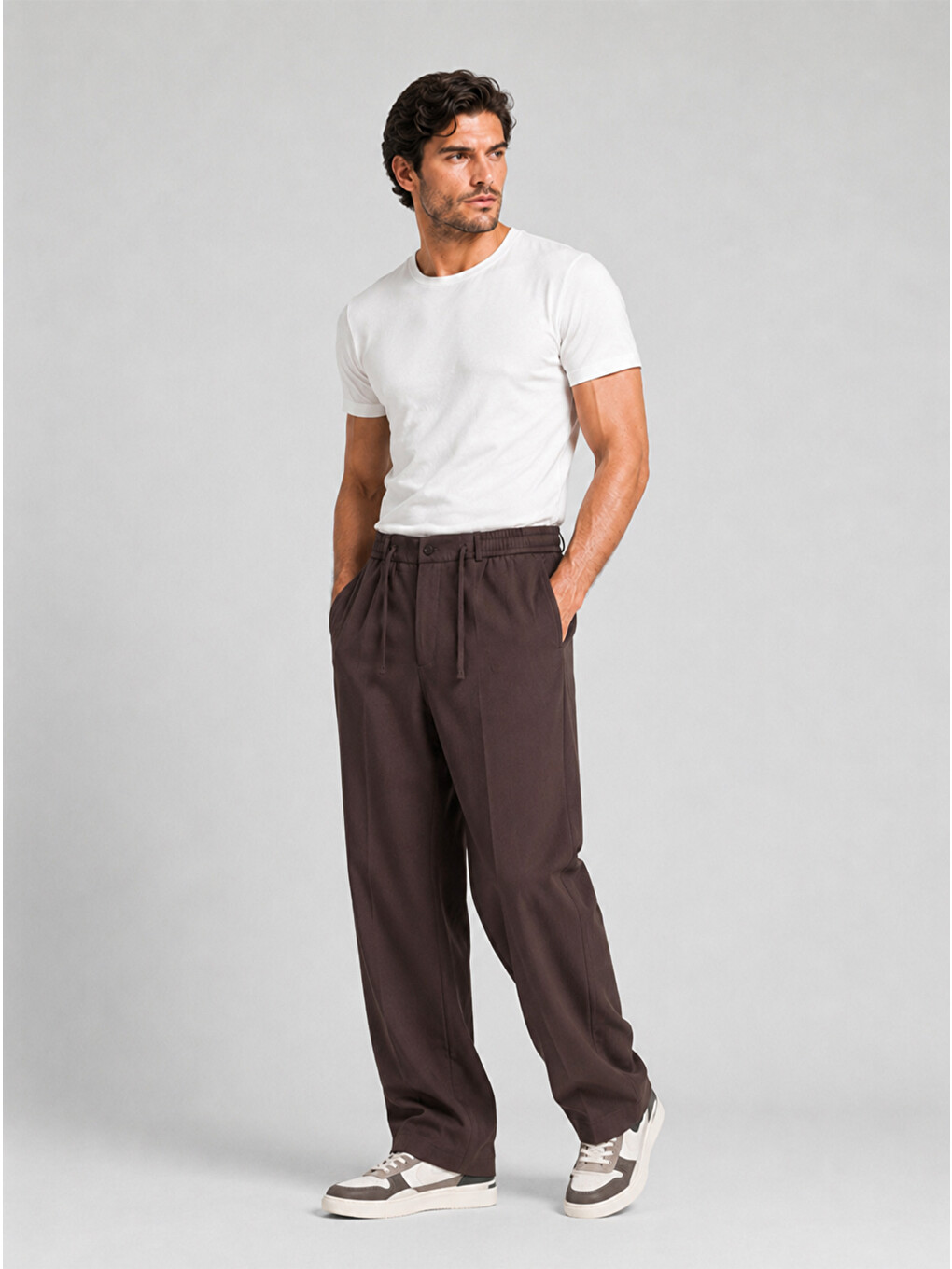 Erkek Acı Kahverengi Relax Fit Bağcıklı Baggy Pantolon-1