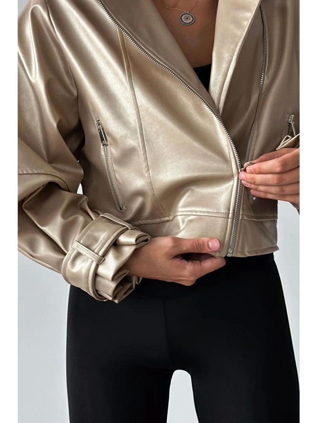 Kadın Bej Oversize Deri Ceket 0991-9999-3