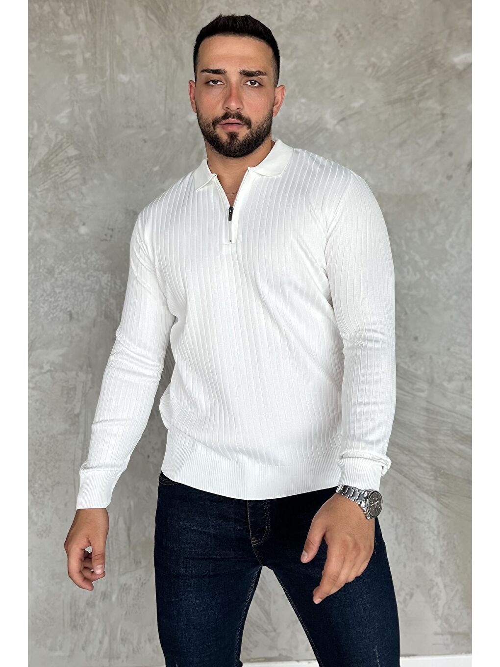 Beyaz Erkek Polo Yaka Yarım Fermuarlı Triko Kazak-1