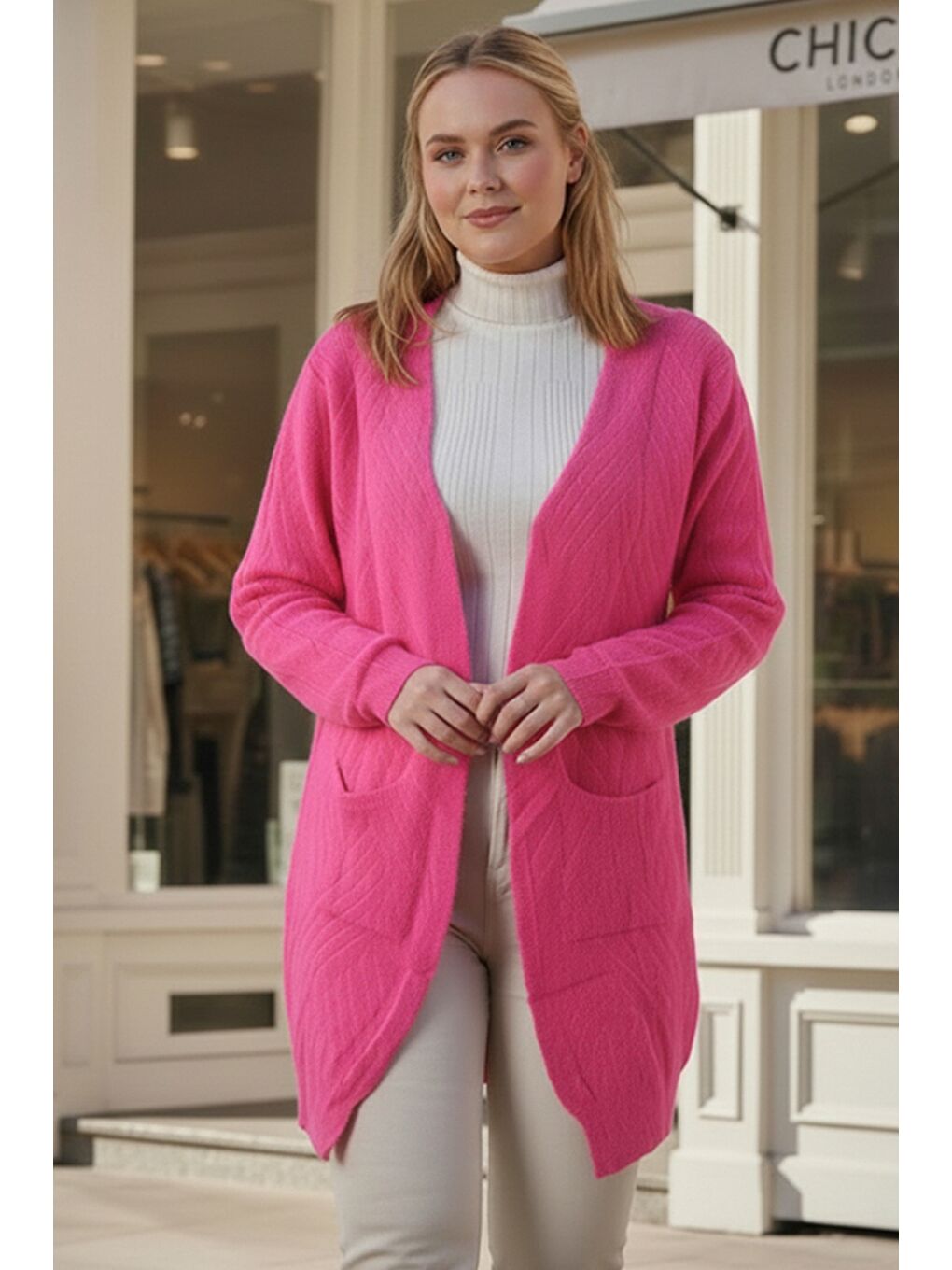 Büyük Beden Fuşya Uzun Kol Desenli Casual Yumoş Oversize Triko Hırka 90 77