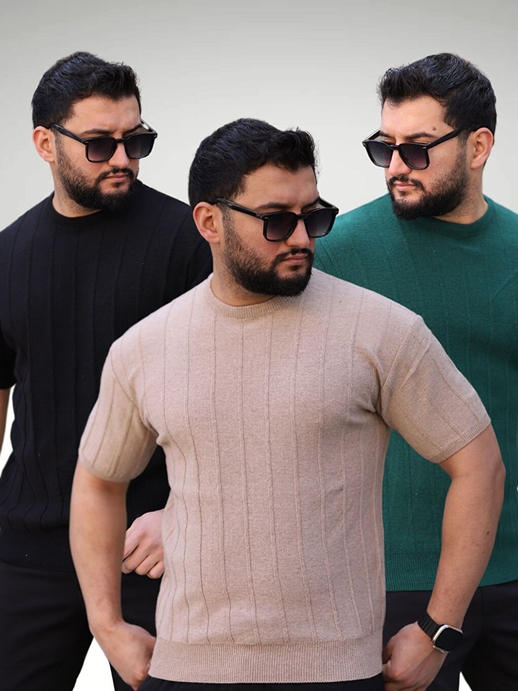 Karışık 3'lü Set Bisiklet Yaka Kabartma Triko Örme  Erkek Kısa Kollu Tişört