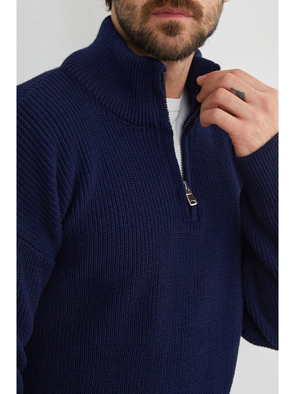 Lacivert Yarım Fermuarlı Dik Yaka Kazak-2