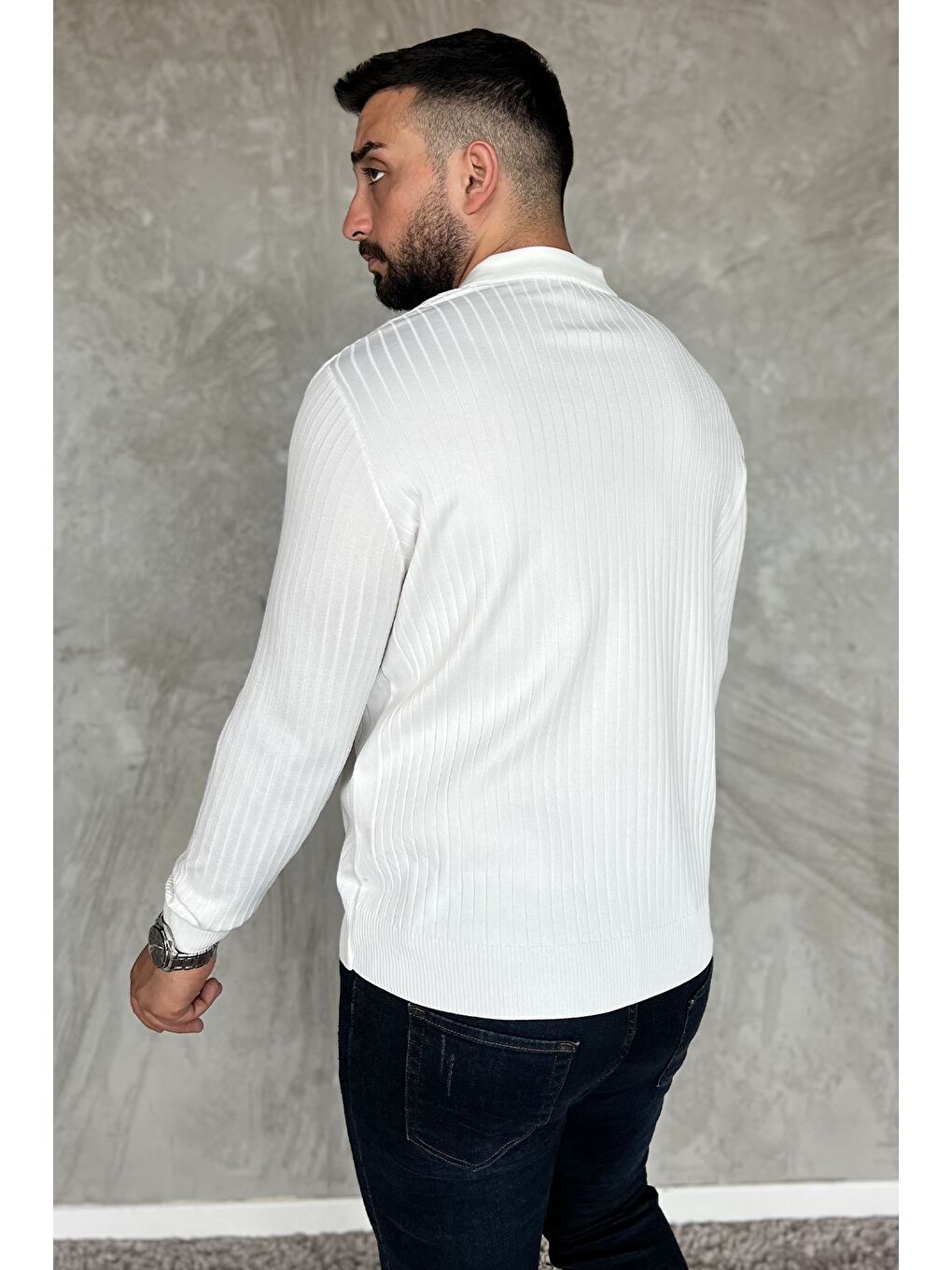 Beyaz Erkek Polo Yaka Yarım Fermuarlı Triko Kazak-2