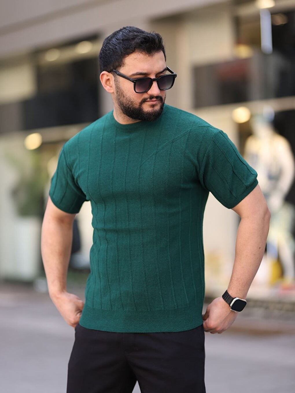 Karışık 3'lü Set Bisiklet Yaka Kabartma Triko Örme  Erkek Kısa Kollu Tişört-2