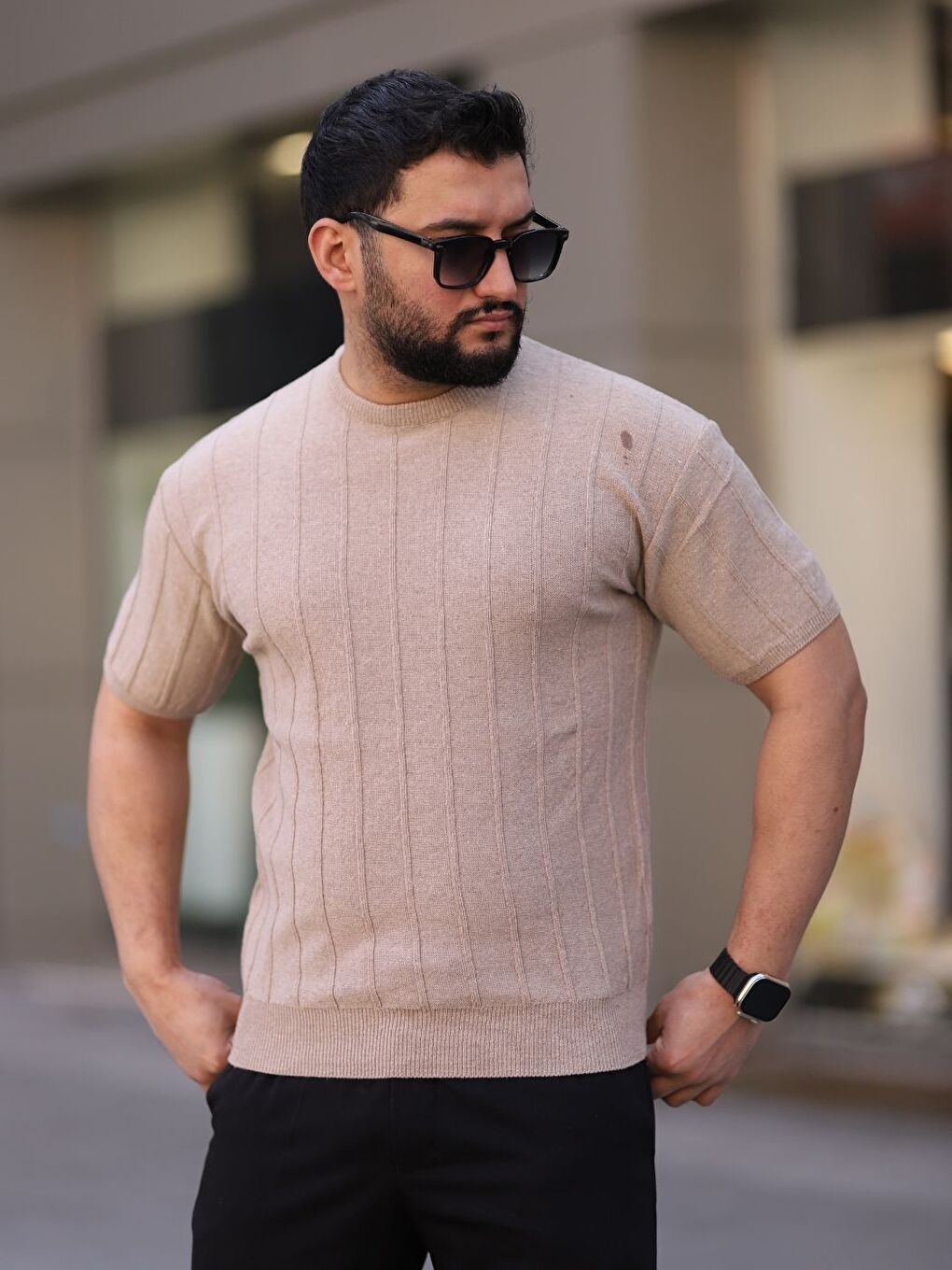 Karışık 3'lü Set Bisiklet Yaka Kabartma Triko Örme  Erkek Kısa Kollu Tişört-3