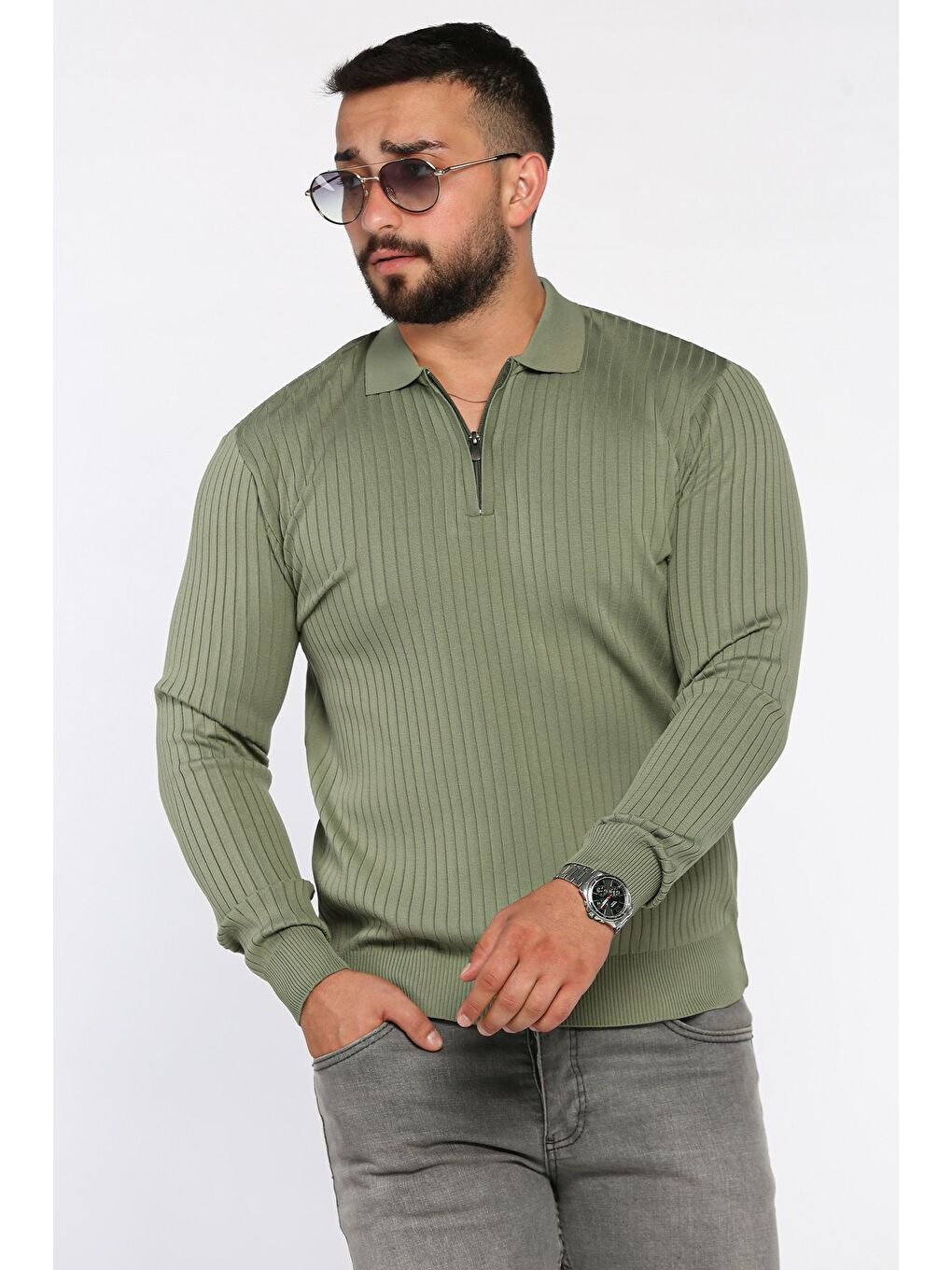Haki Erkek Polo Yaka Yarım Fermuarlı Triko Kazak