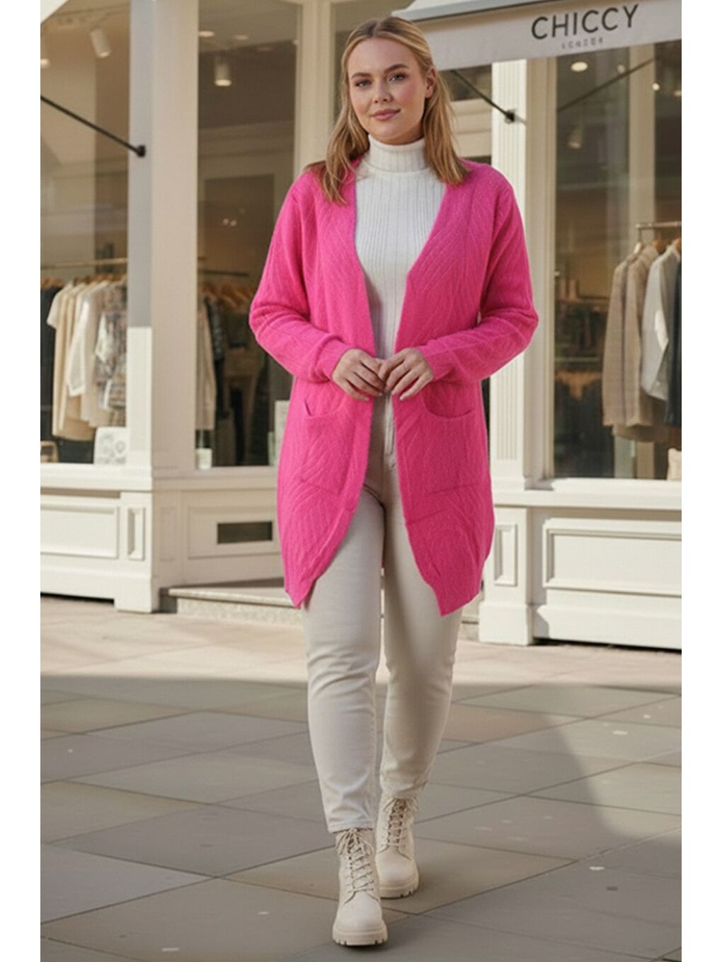 Büyük Beden Fuşya Uzun Kol Desenli Casual Yumoş Oversize Triko Hırka 90 77-1