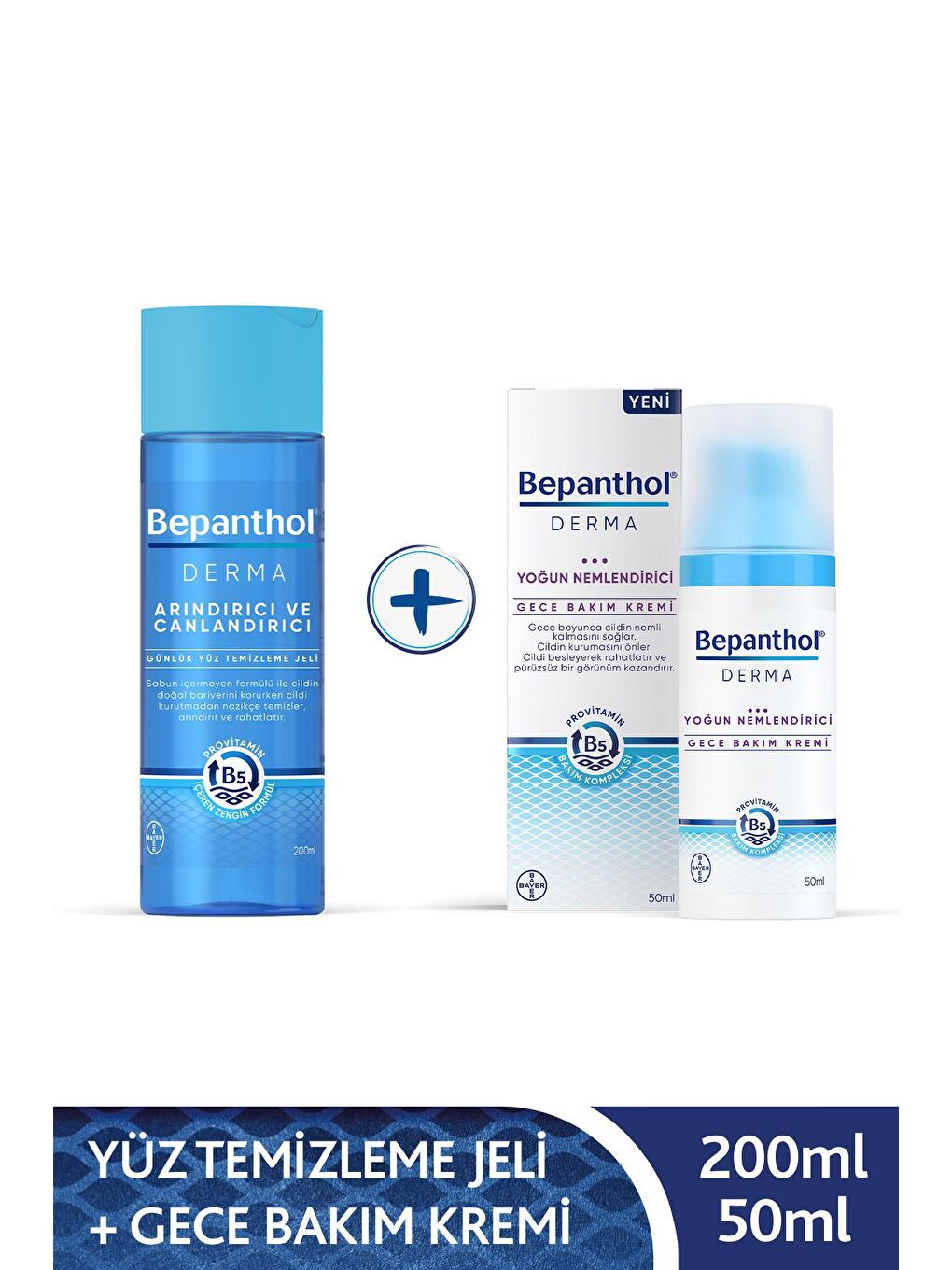 Bepanthol Şeffaf Derma Yoğun Nemlendirici Gece Bakım Kremi 50ML + Derma Günlük Yüz Temizleme Jeli 200ML