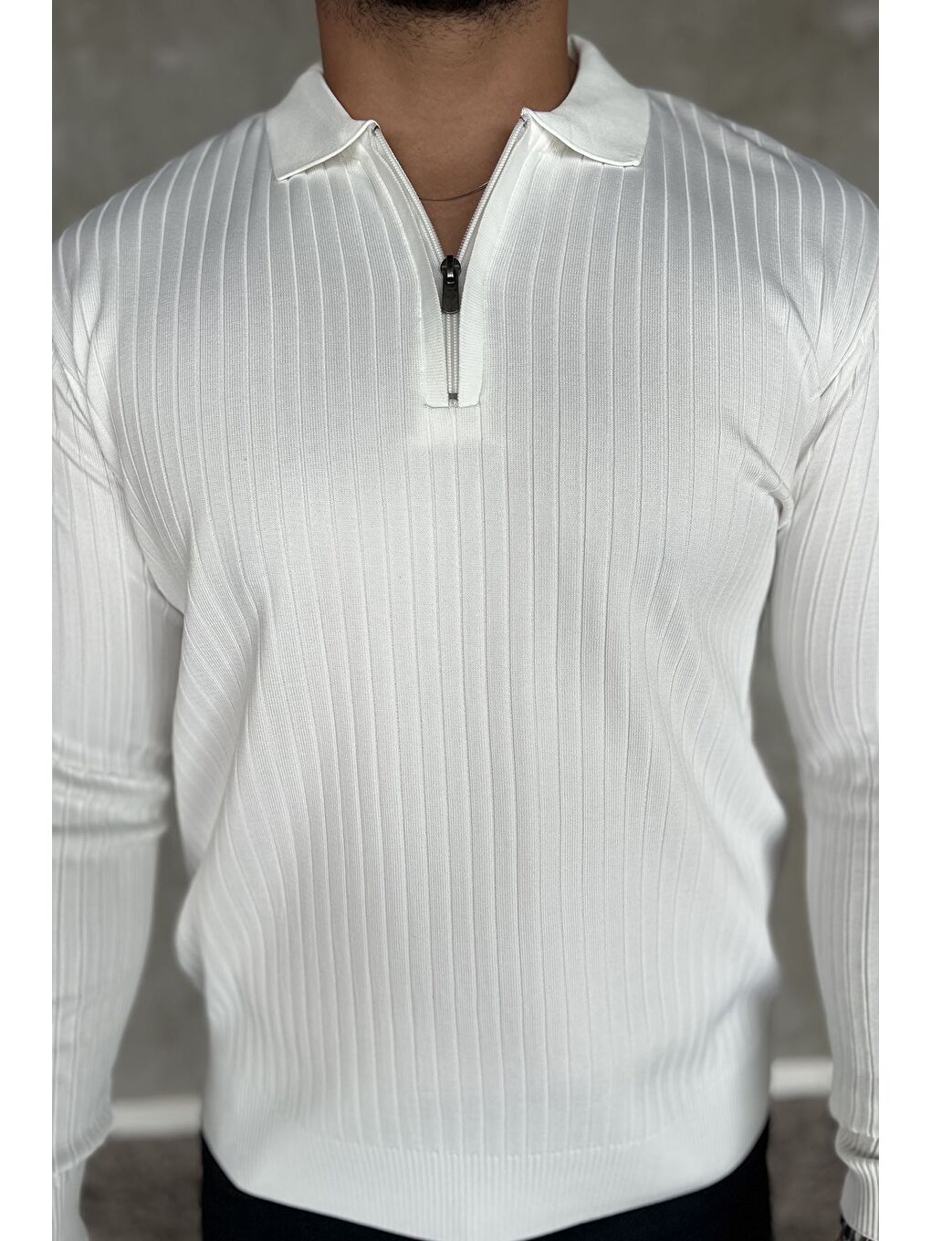 Beyaz Erkek Polo Yaka Yarım Fermuarlı Triko Kazak-3