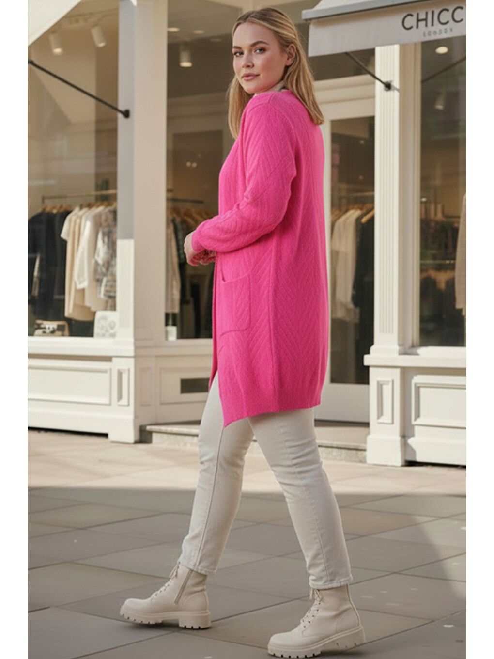 Büyük Beden Fuşya Uzun Kol Desenli Casual Yumoş Oversize Triko Hırka 90 77-2