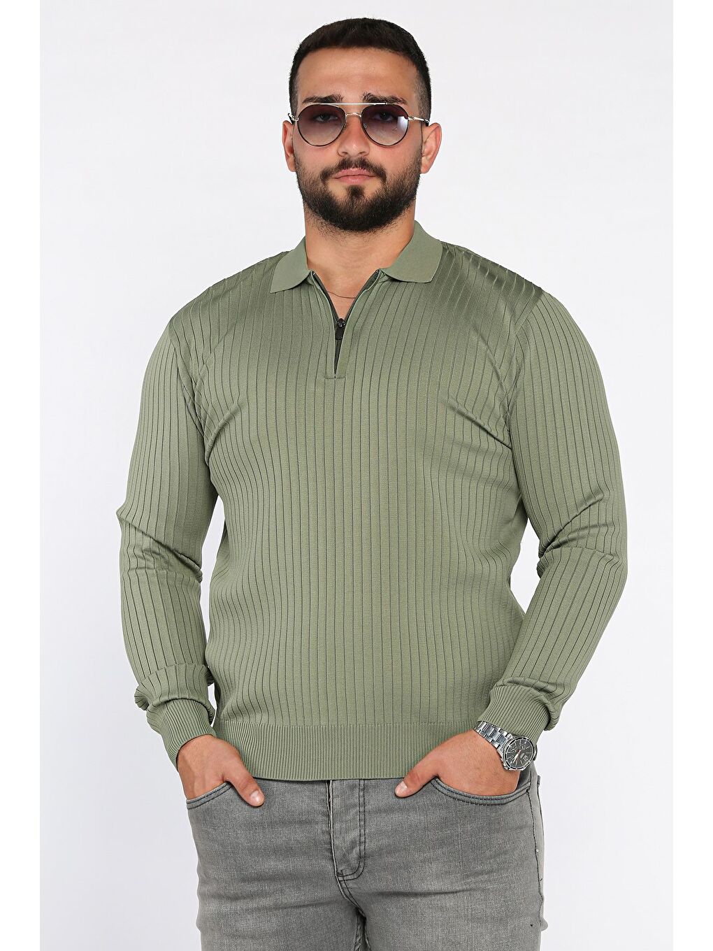 Haki Erkek Polo Yaka Yarım Fermuarlı Triko Kazak-1