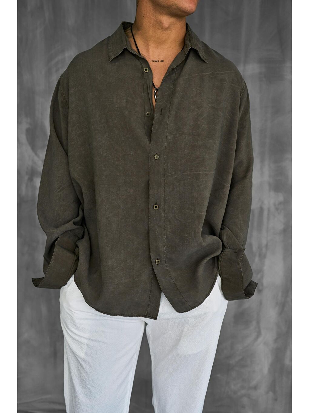 Erkek Oversize Yıkamalı Rahat Gömlek Haki Yeşil-1