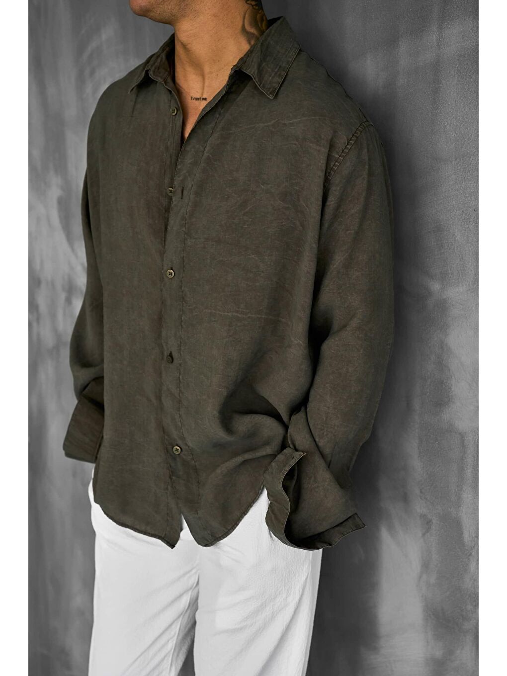 Erkek Oversize Yıkamalı Rahat Gömlek Haki Yeşil-2