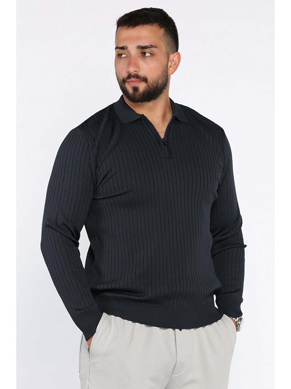 Lacivert Erkek Polo Yaka Yarım Fermuarlı Triko Kazak