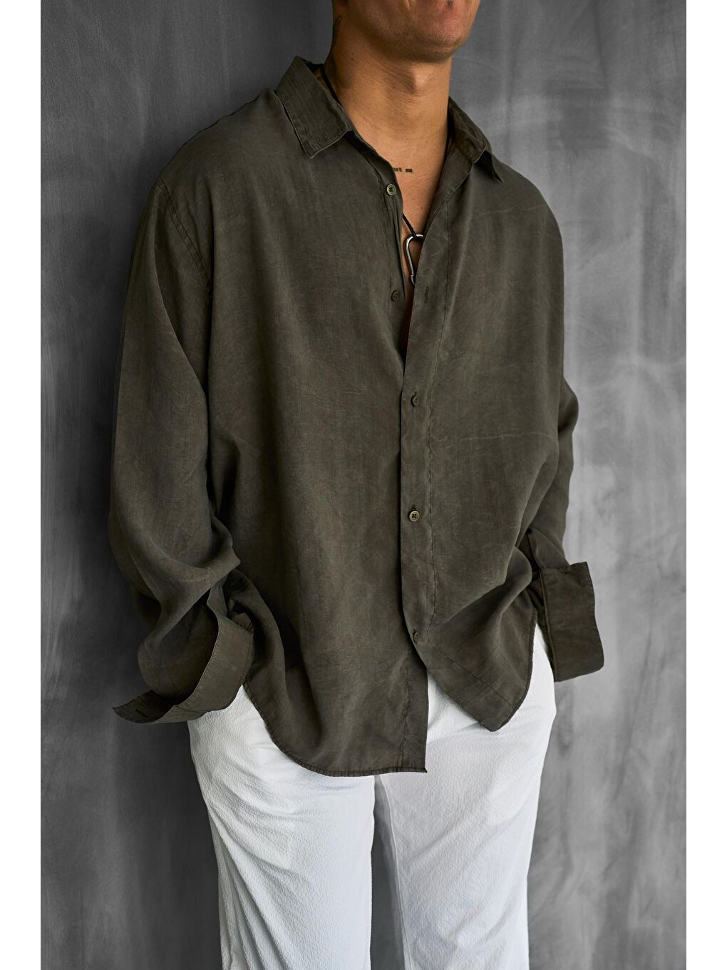 Erkek Oversize Yıkamalı Rahat Gömlek Haki Yeşil-3
