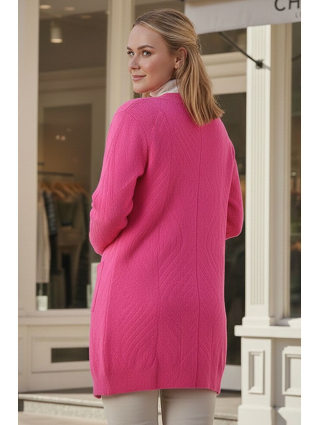 Büyük Beden Fuşya Uzun Kol Desenli Casual Yumoş Oversize Triko Hırka 90 77-3