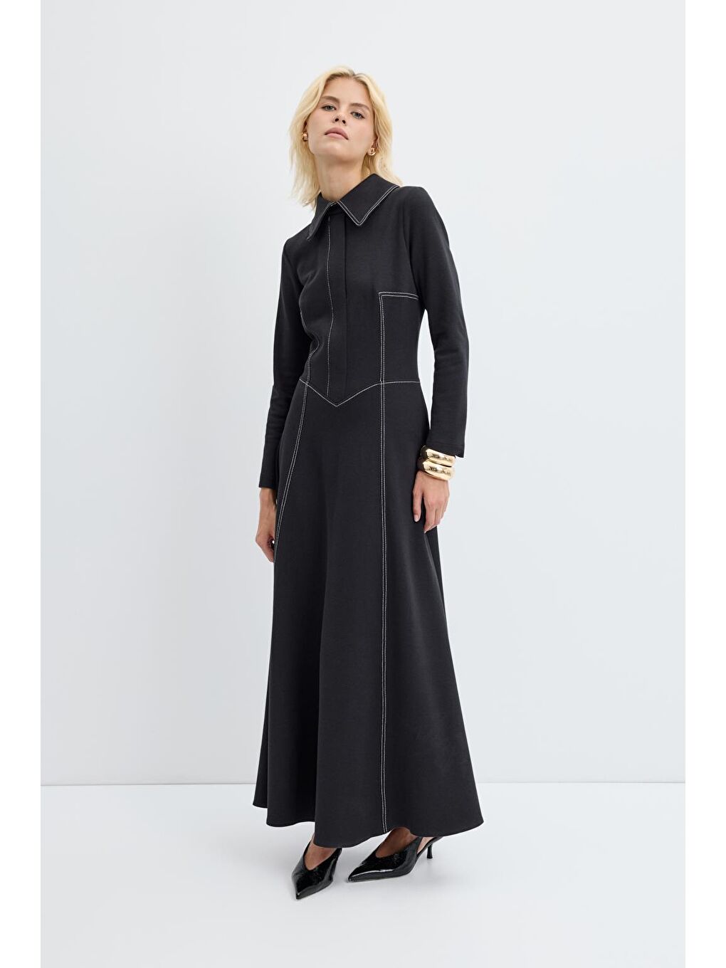 Punto Dikişli Örme Elbise Siyah-3