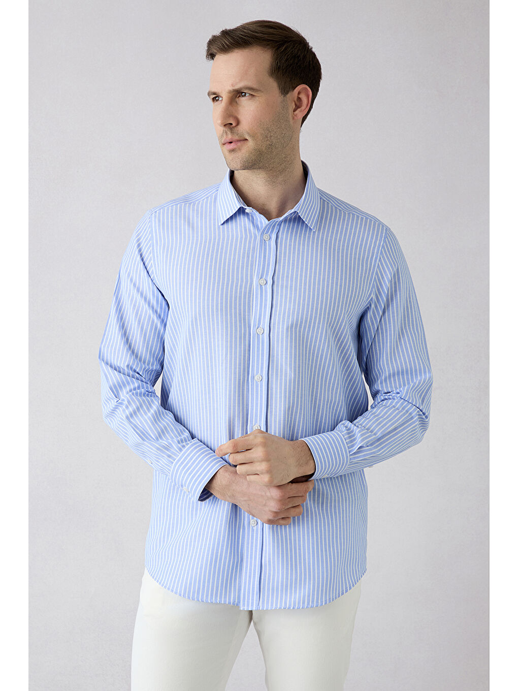 Mavi Uzun Kol Regular Fit Çizgili Pamuklu Gömlek-4