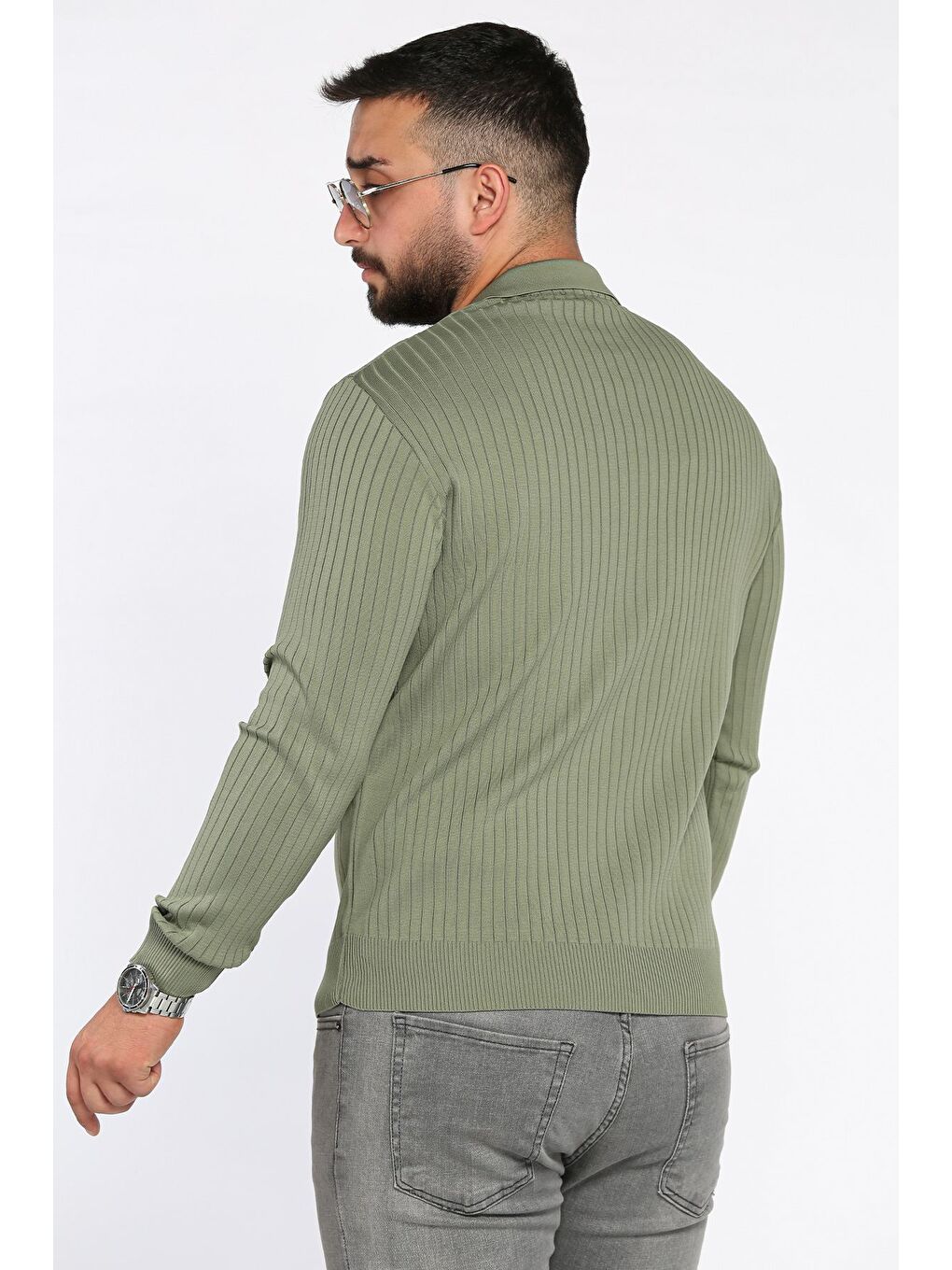 Haki Erkek Polo Yaka Yarım Fermuarlı Triko Kazak-2